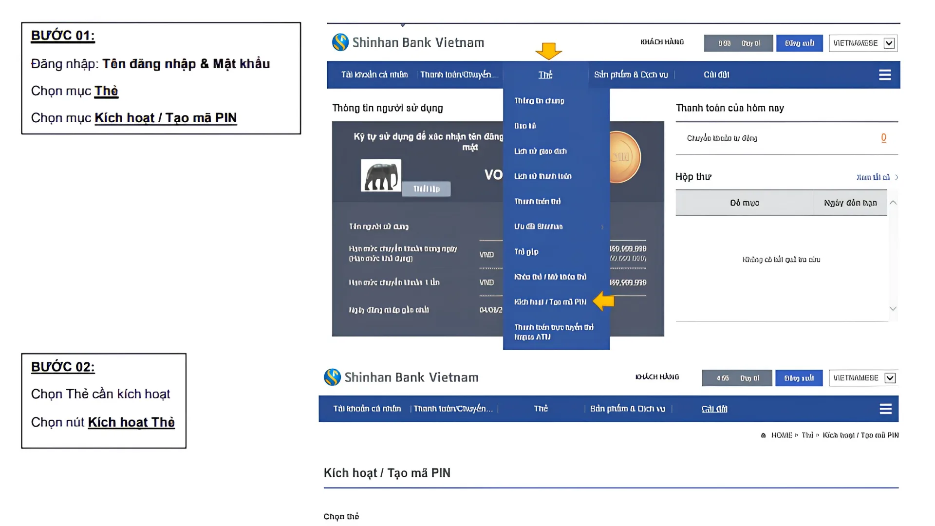 Hướng dẫn kích hoạt thẻ tín dụng Shinhan Bank trên Internet Banking.