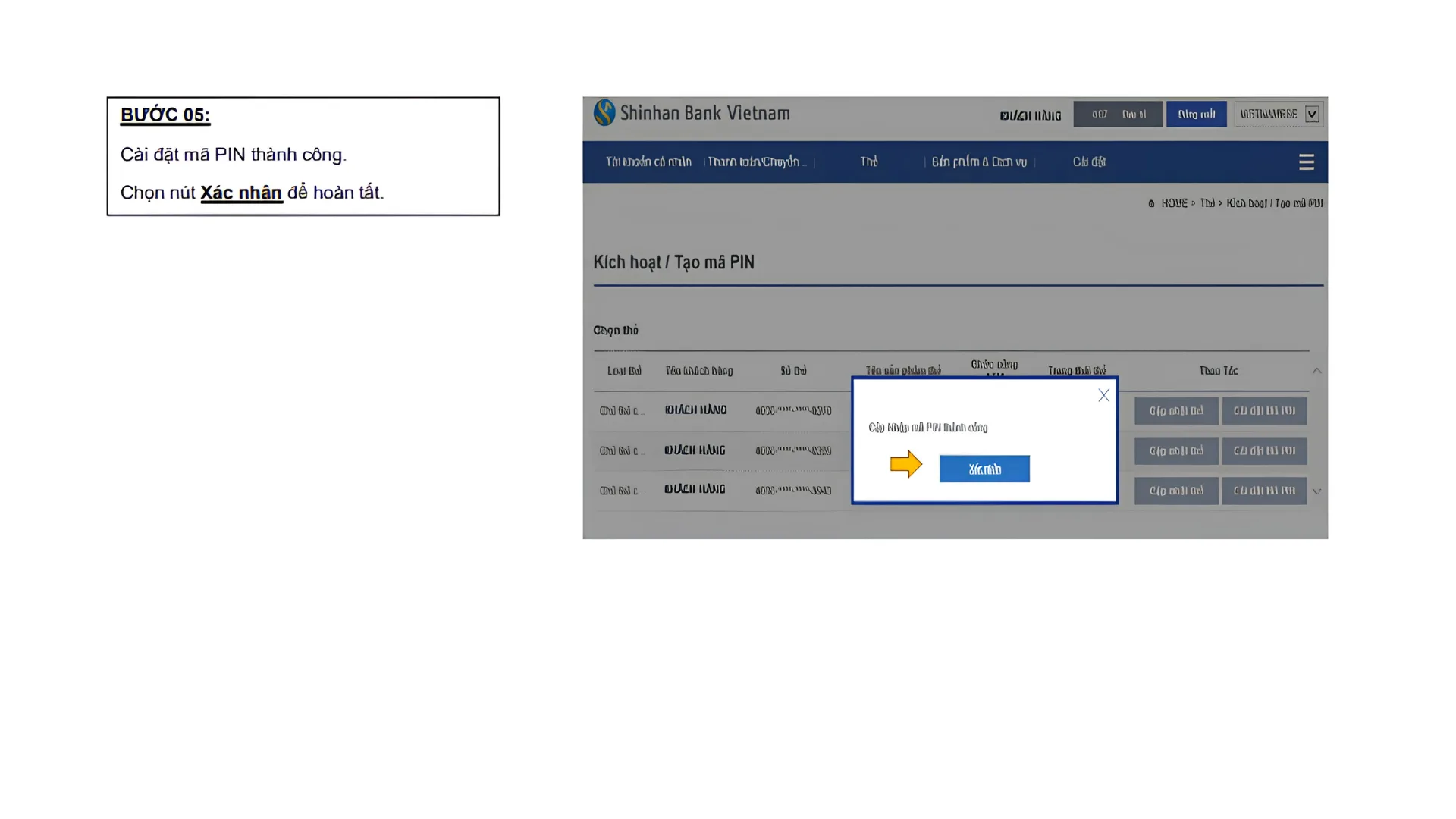 Hướng dẫn kích hoạt thẻ tín dụng Shinhan Bank trên Internet Banking (bước 4)