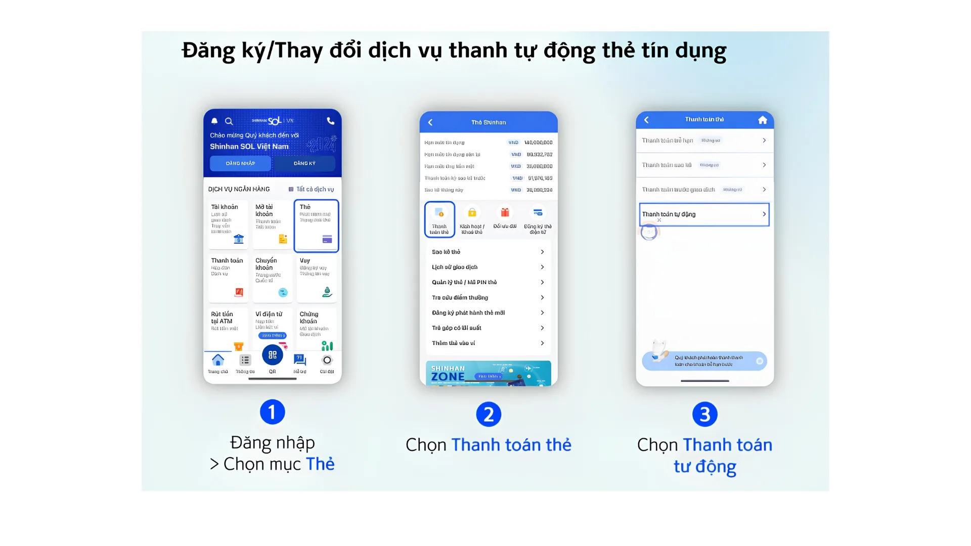 Đăng ký dịch vụ trích nợ tự động qua ứng dụng SOL để thanh toán dư nợ thẻ tín dụng Shinhan đúng hạn trước 16h30.