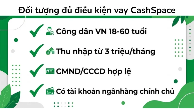 Điều kiện vay CashSpace yêu cầu CMND/CCCD, độ tuổi 18 đến 60 và thu nhập ổn định.