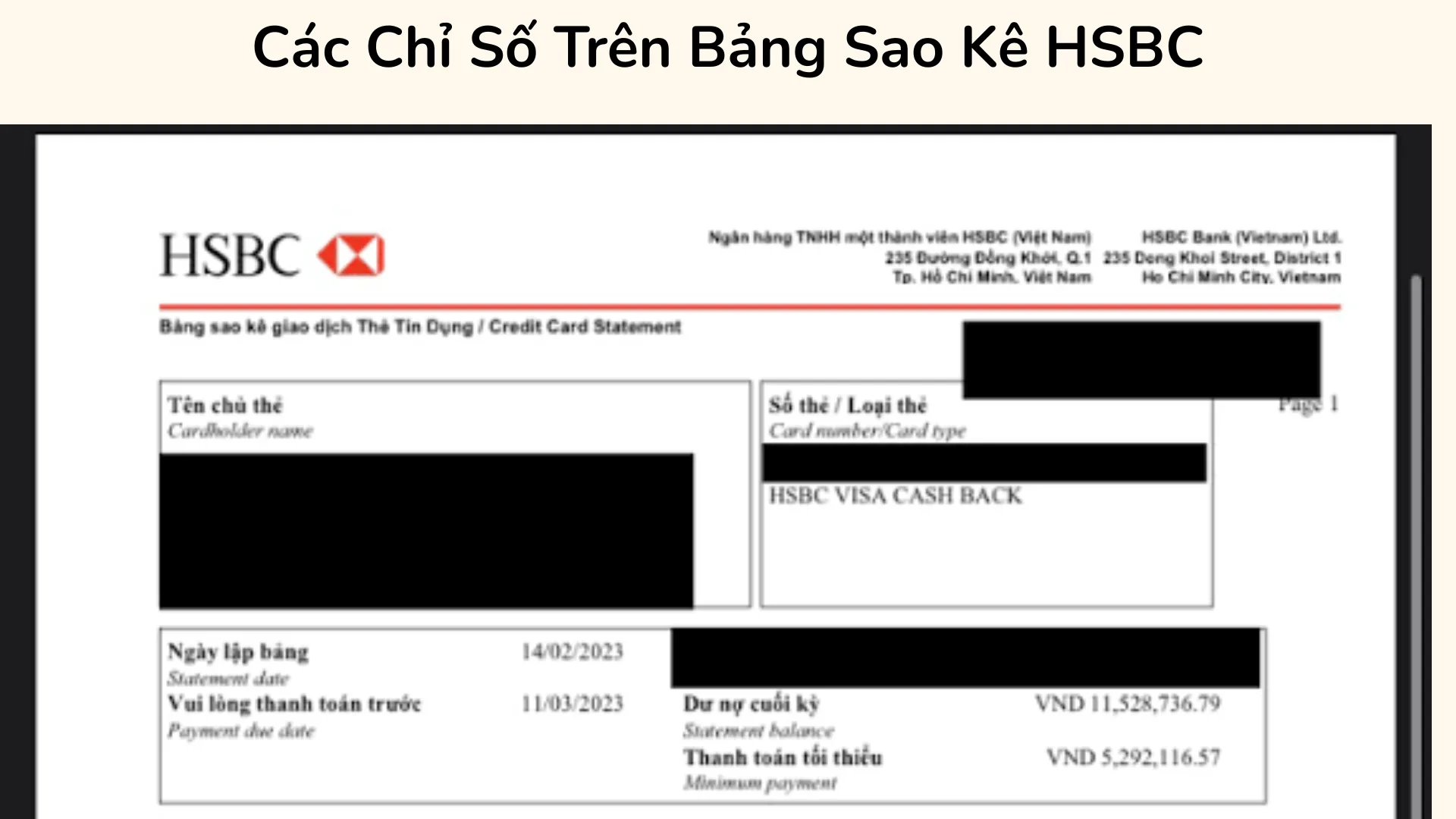 Hướng dẫn đọc bảng sao kê thẻ tín dụng HSBC và kiểm tra dư nợ, số tiền thanh toán tối thiểu.