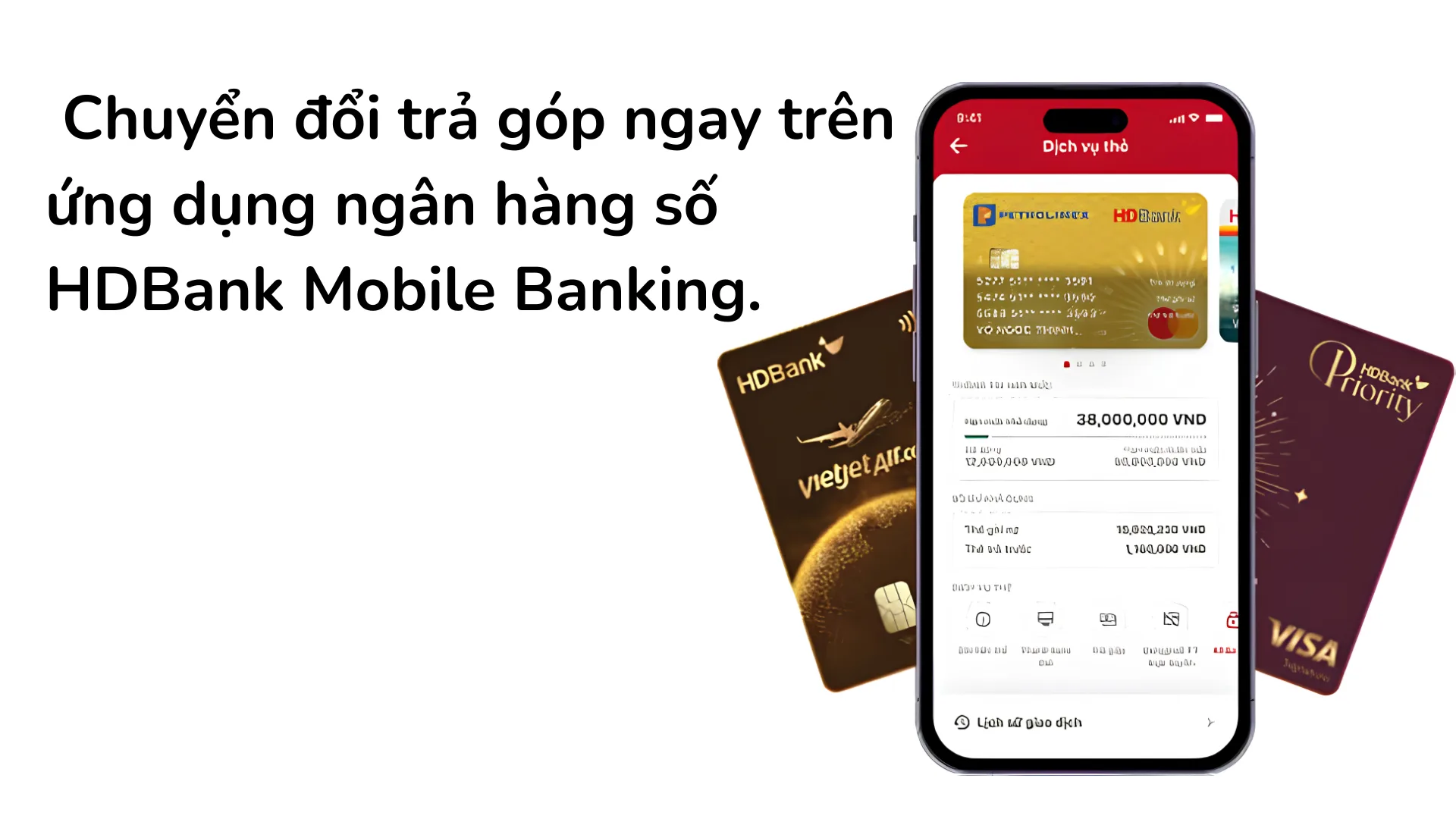 Các bước thao tác chọn tính năng chuyển đổi trả góp ngay trên ứng dụng ngân hàng số HDBank Mobile Banking.