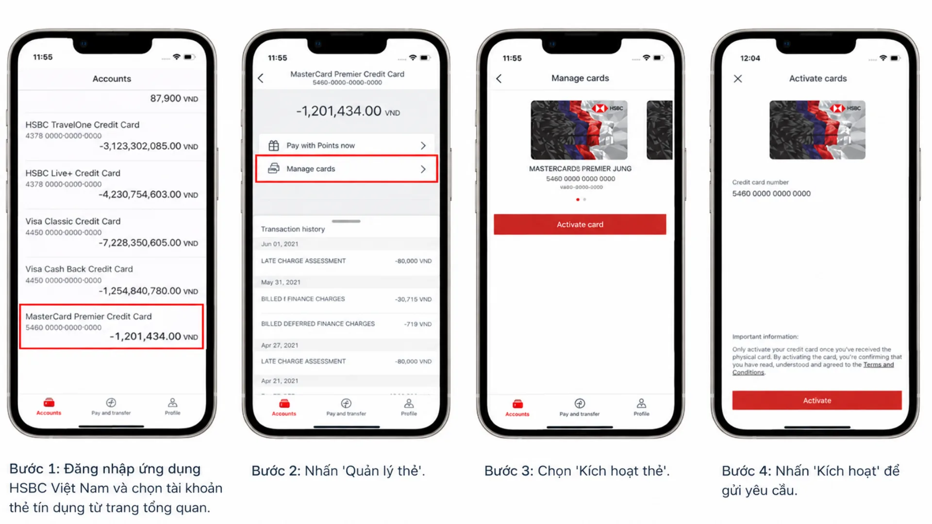 Kích hoạt thẻ tín dụng HSBC trên ứng dụng HSBC Việt Nam.