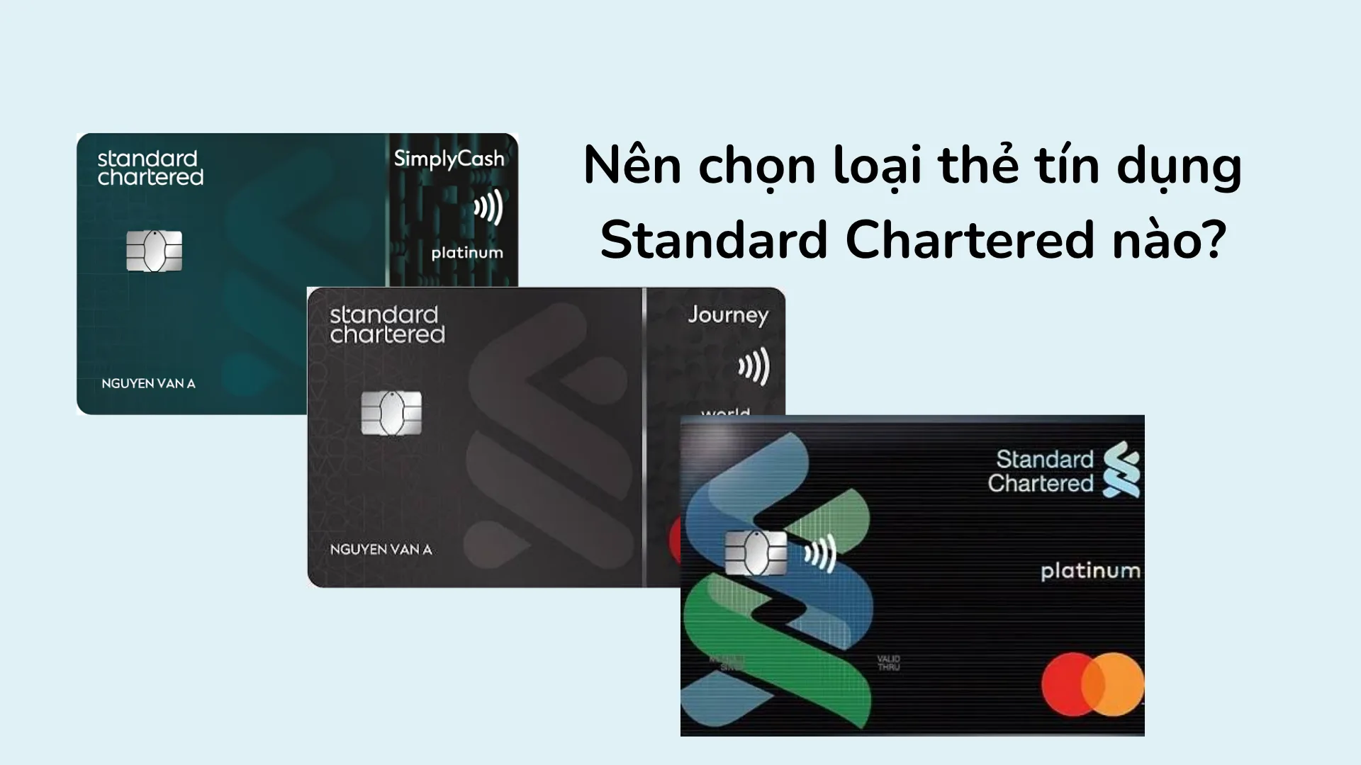 Bảng so sánh thẻ tín dụng Standard Chartered về mức phí thường niên, đặc quyền hoàn tiền và tỷ lệ quy đổi dặm bay.