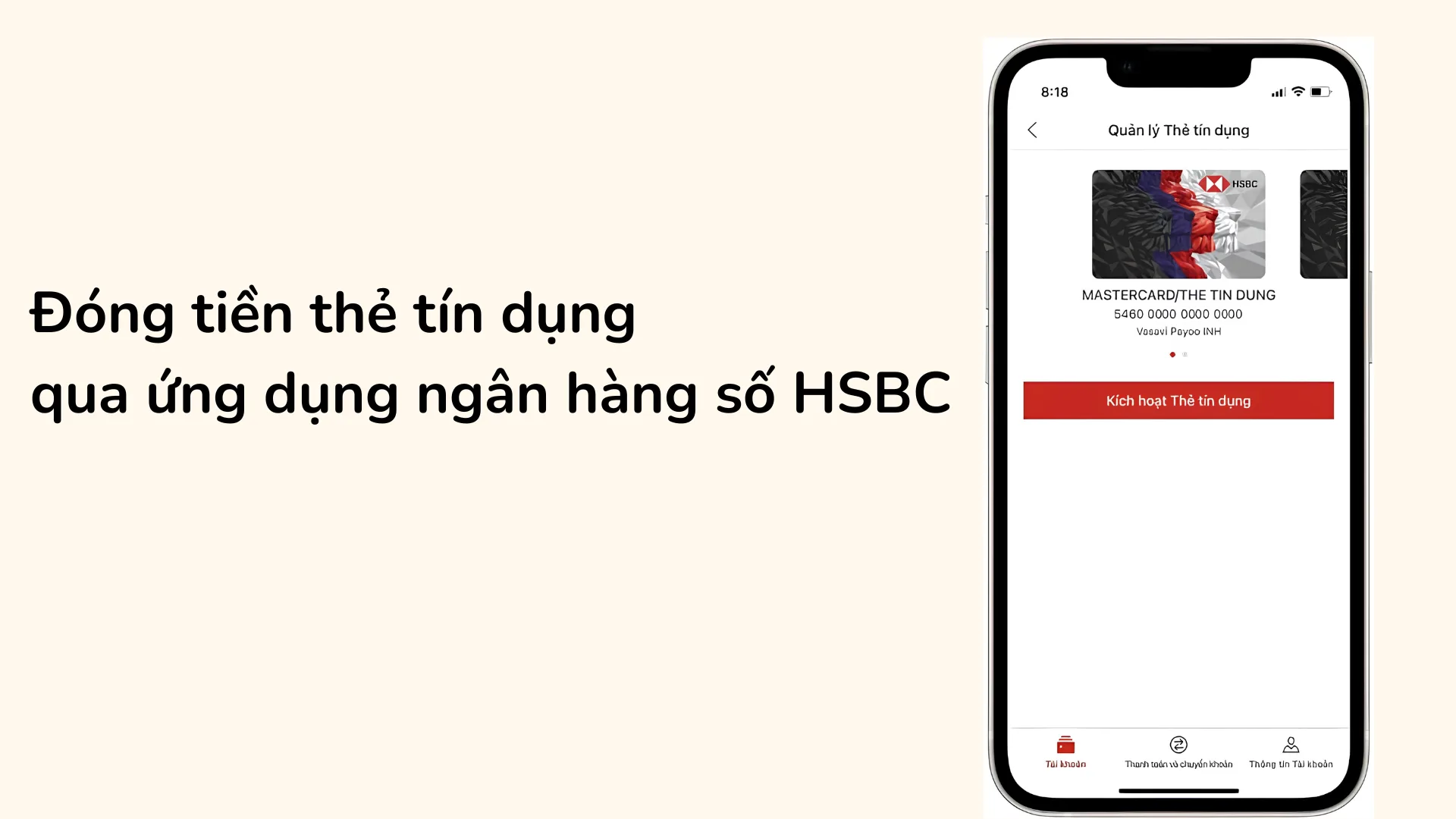 Các bước đóng tiền thẻ tín dụng qua ứng dụng ngân hàng số HSBC Việt Nam.