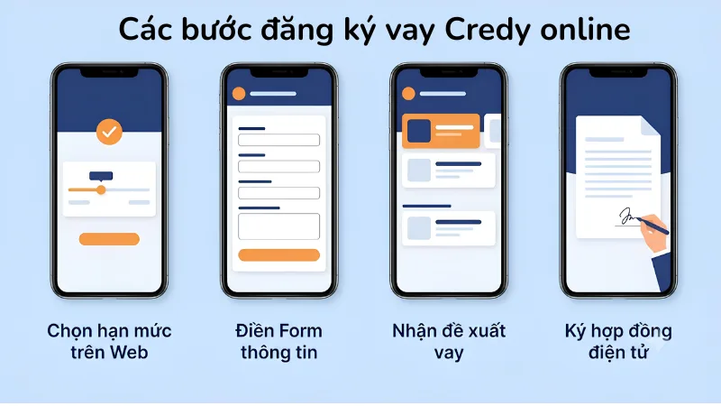 Hướng dẫn 4 bước đăng ký vay tiền Credy online nhanh chóng trên điện thoại di động.