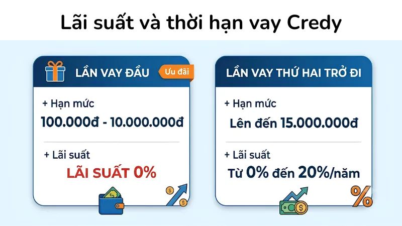 Bảng chi tiết hạn mức giải ngân và lãi suất vay Credy cho khoản vay đầu tiên và các lần vay tiếp theo.