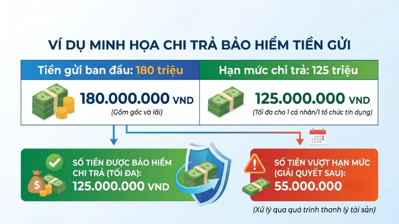 Hạn mức chi trả bảo hiểm tối đa hiện nay là 125 triệu đồng cho tất cả các khoản tiền gửi của một cá nhân.
