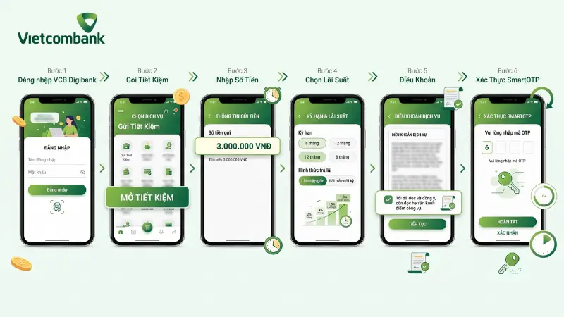 Giao diện trực quan trên VCB Digibank hỗ trợ khách hàng thao tác gửi tiết kiệm online Vietcombank nhanh chóng 24/7.