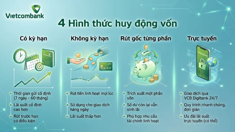 Các gói sản phẩm tiết kiệm Vietcombank cung cấp giải pháp bảo toàn tài sản linh hoạt cho nhiều nhóm khách hàng khác nhau.