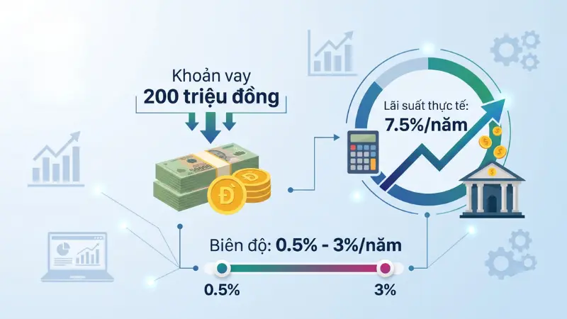 Lãi suất khoản vay thực tế bằng lãi suất tiền gửi gốc cộng với biên độ bổ sung theo quy định.