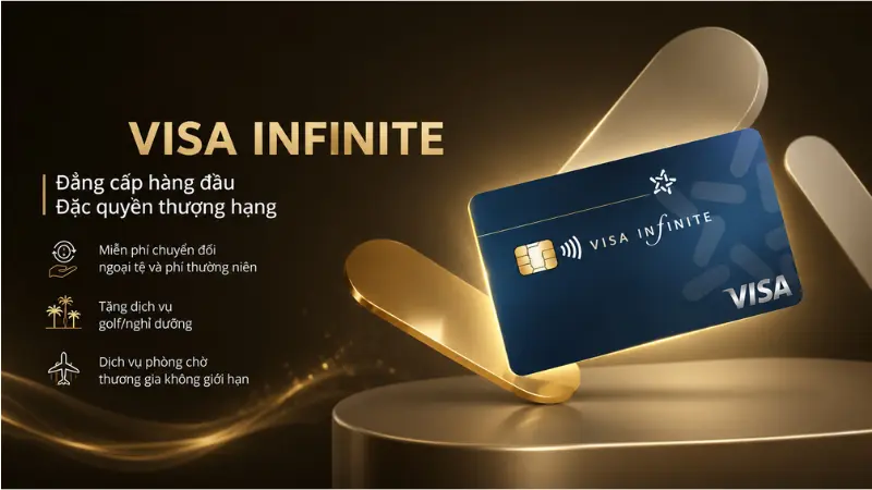 Thẻ Visa Infinite khẳng định đẳng cấp hàng đầu với hệ sinh thái đặc quyền trọn gói: miễn phí giao dịch ngoại tệ, tận hưởng dịch vụ golf và không gian phòng chờ thương gia toàn cầu.