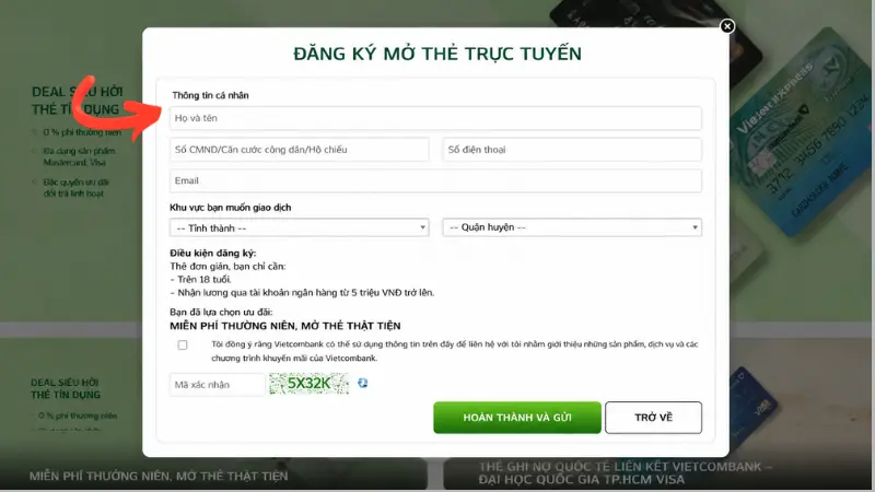 Hướng dẫn điền thông tin cá nhân vào biểu mẫu đăng ký mở thẻ tín dụng online trên website Vietcombank. .