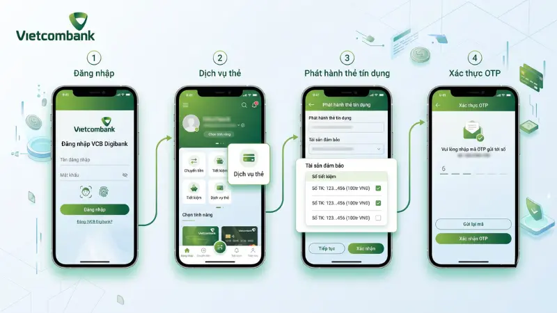 Dễ dàng thao tác đăng ký phát hành thẻ tín dụng ngay trên ứng dụng VCB Digibank chỉ với vài lượt chạm.