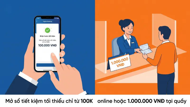 Hạn mức tối thiểu để mở sổ tiết kiệm dao động từ 100.000 VNĐ (trực tuyến) đến 1.000.000 VNĐ (tại quầy).