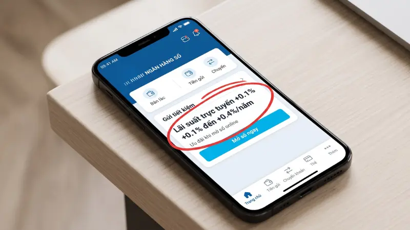 Thao tác mở sổ tiết kiệm trực tuyến giúp khách hàng nhận thêm ưu đãi cộng từ 0,1% đến 0,4%/năm so với tại quầy.