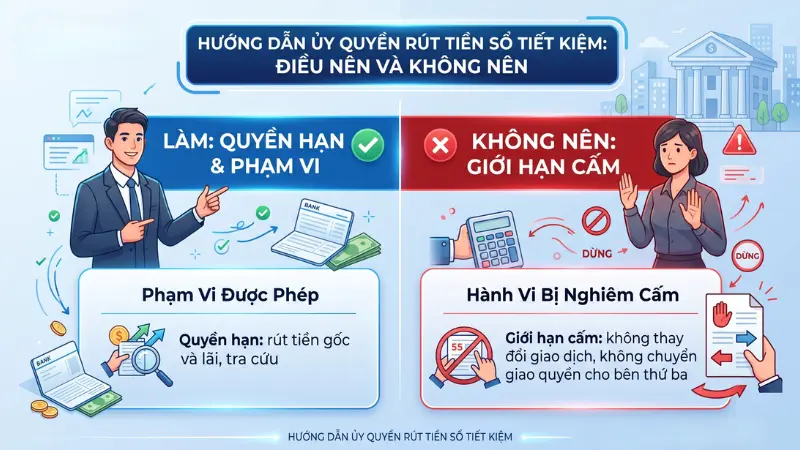 Người đại diện chỉ được rút tiền và tra cứu thông tin trong giới hạn cho phép, tuyệt đối không tự ý thay đổi nội dung giao dịch hay chuyển giao quyền cho bên thứ ba.
