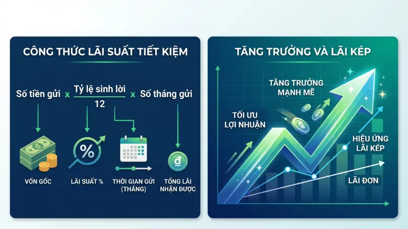 Phương pháp tính lãi cuối kỳ và sức mạnh gia tăng lợi nhuận từ lãi kép khi không rút vốn trước hạn.