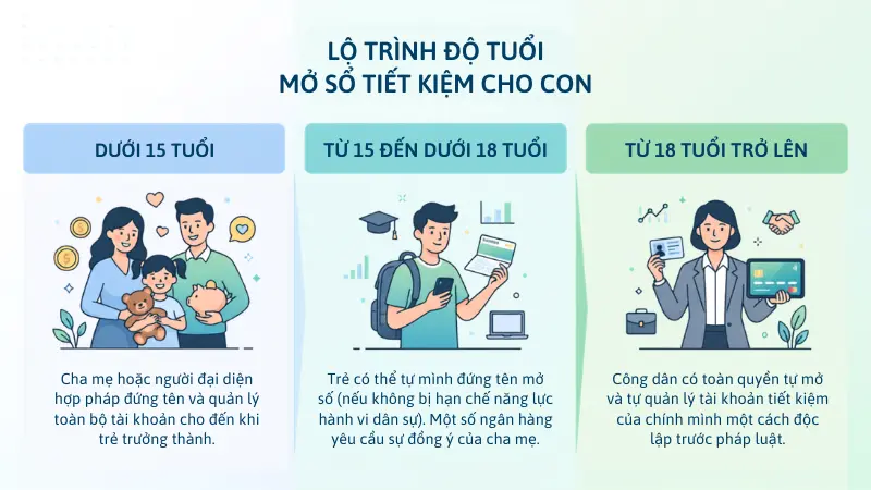 Các mốc độ tuổi và quyền đứng tên sổ tiết kiệm theo quy định pháp luật.