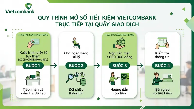 Khách hàng cần chuẩn bị giấy tờ tùy thân và tối thiểu 3.000.000 đồng để thực hiện quy trình mở sổ tiết kiệm Vietcombank tại quầy qua 4 bước thủ tục pháp lý chặt chẽ.