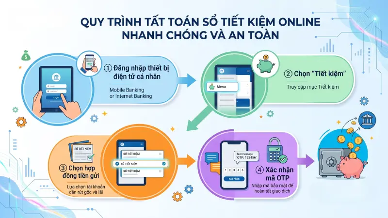 Quy trình tất toán số hóa loại bỏ hoàn toàn các bước giấy tờ phức tạp, cho phép hệ thống đẩy tiền về tài khoản thanh toán chỉ với 4 bước đơn giản