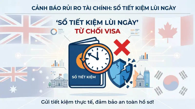 Sổ tiết kiệm lùi ngày tiềm ẩn rủi ro vi phạm quy định rất lớn, có thể dẫn đến việc bị từ chối visa; do đó, khách hàng nên ưu tiên gửi tiết kiệm thực tế từ sớm.