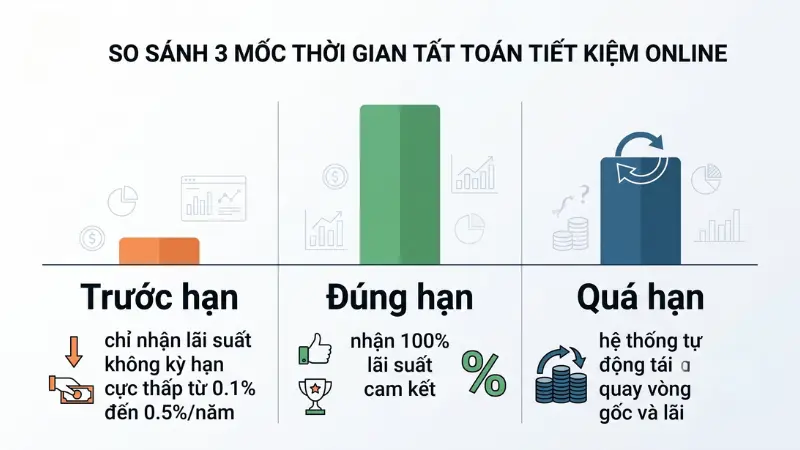 Quyết định thời điểm rút tiền trước hạn, đúng hạn hay để hệ thống tự động tái tục sẽ tác động trực tiếp đến tổng lợi nhuận sinh lời cuối cùng của bạn.