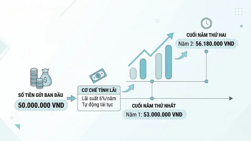 Cơ chế tự động gia hạn gốc và lãi mang lại sức mạnh sinh lời theo cấp số nhân mà không cần làm thủ tục tất toán.