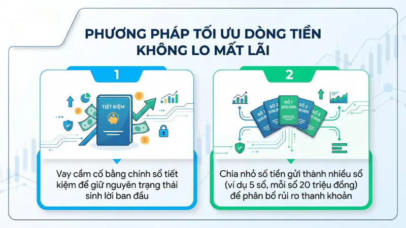 Thay vì tất toán sớm, bạn có thể vay cầm cố sổ hoặc chia nhỏ dòng vốn thành nhiều sổ khác nhau để bảo toàn lợi nhuận tối đa.