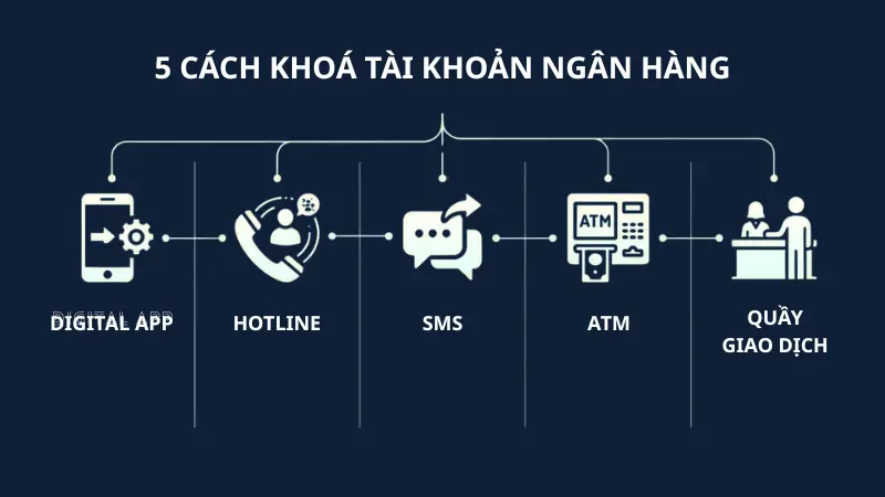 Khách hàng có thể linh hoạt lựa chọn 5 phương thức khóa tài khoản ngân hàng để bảo vệ tài sản kịp thời trong các tình huống khẩn cấp.
