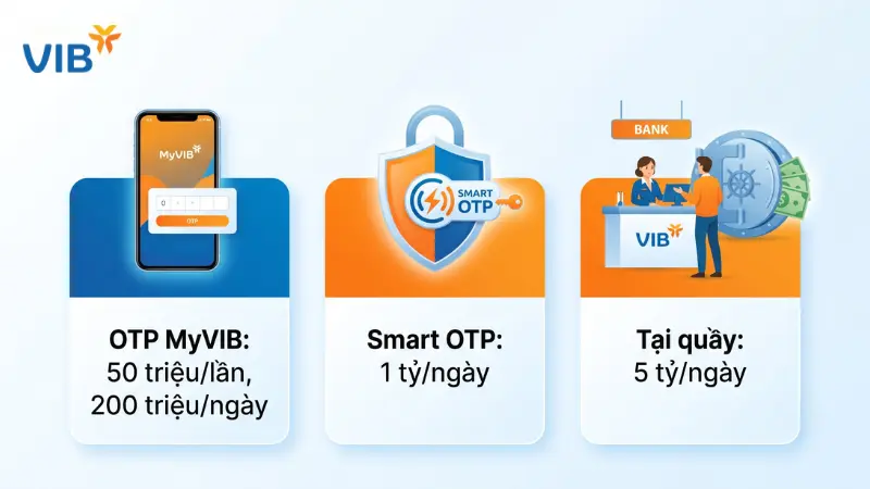 Bảng so sánh hạn mức chuyển tiền VIB qua MyVIB và giao dịch tại quầy.
