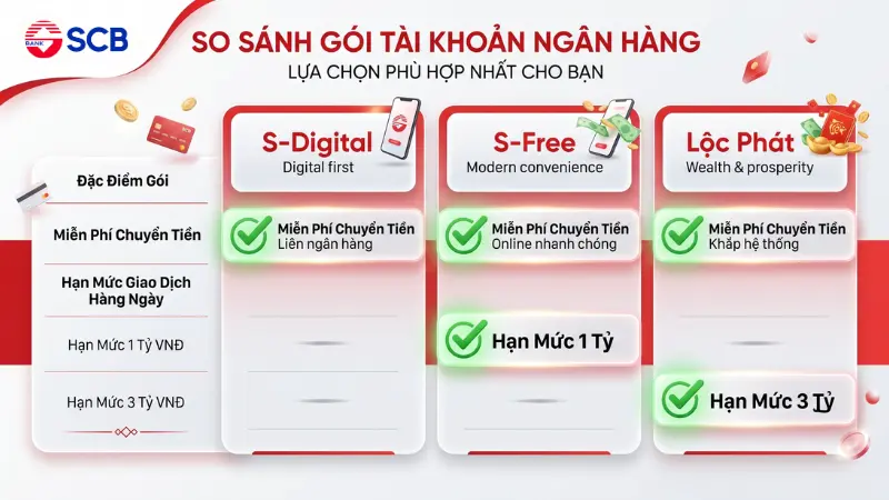 So sánh ưu đãi gói S-Digital, S-Free và Lộc Phát của SCB.