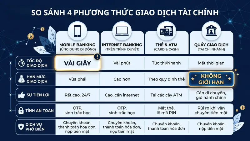 Tùy thuộc vào vị trí địa lý và lượng tiền mặt, bạn có thể dễ dàng so sánh và chọn kênh giao dịch phù hợp nhất.