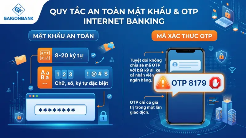 Quy tắc bảo mật mật khẩu và mã OTP Saigonbank