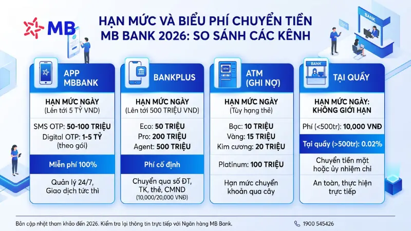 Biểu phí chuyển khoản qua App, quầy và BankPlus MB Bank.