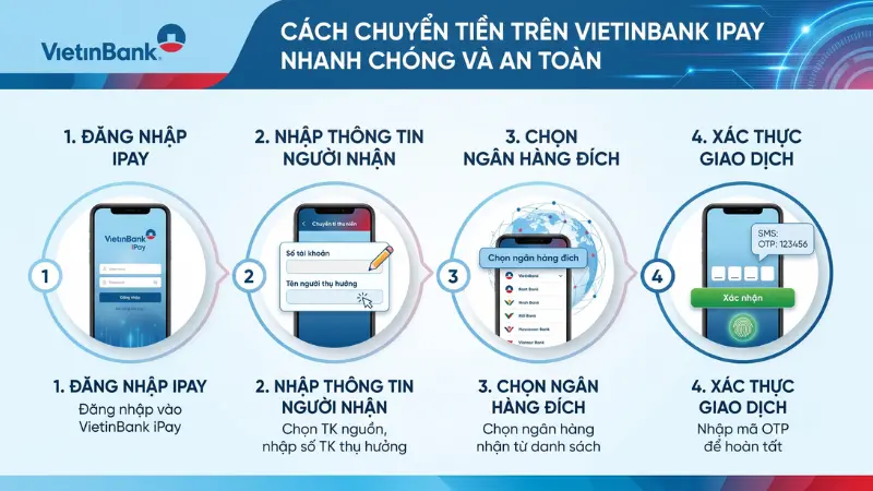 Quy trình 4 bước đơn giản giúp bạn chuyển tiền liên ngân hàng thành công đến đúng người thụ hưởng.