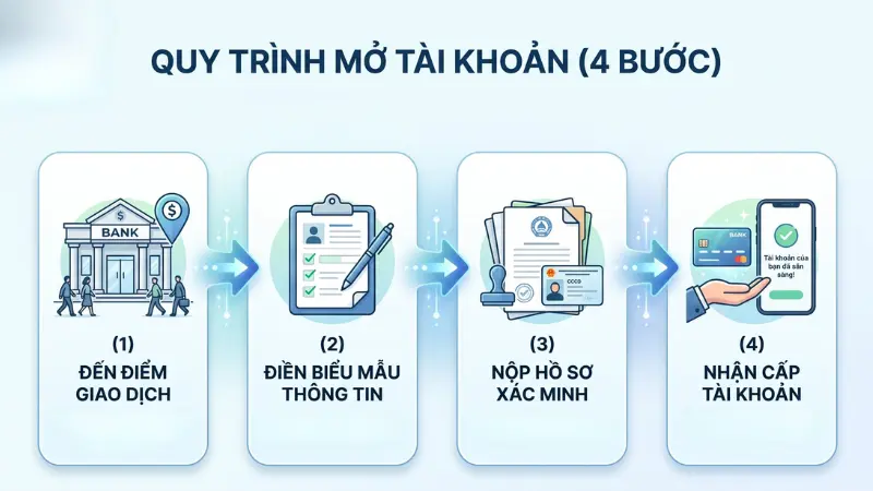 Quy trình mở tài khoản Vietcombank tại quầy diễn ra nhanh chóng với 4 bước cơ bản.