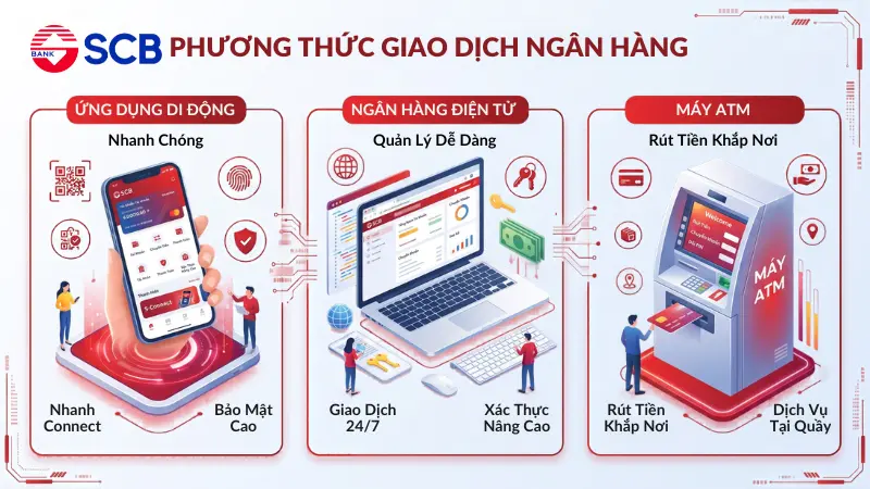 Các nền tảng chuyển khoản SCB: S-Connect, Internet Banking và ATM.