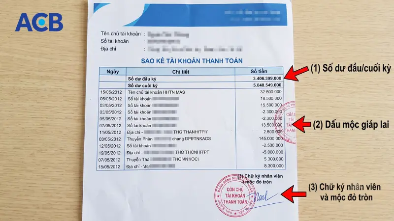 Mẫu sao kê tài khoản ACB hợp lệ với mộc tròn và mộc giáp lai