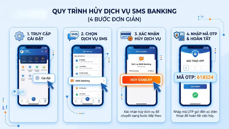 Việc hủy dịch vụ SMS Banking trực tiếp trên ứng dụng giúp bạn tối ưu hóa các loại phí tài khoản ngân hàng phát sinh cố định.