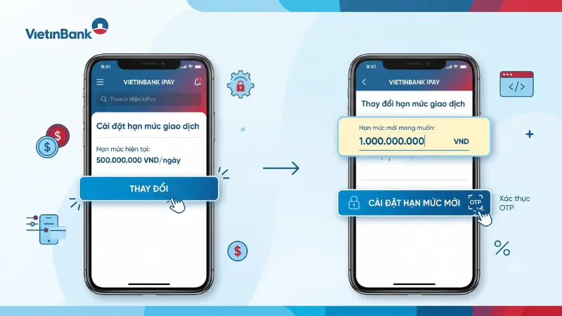 Chủ động thay đổi hạn mức VietinBank ngay trên điện thoại để không bị gián đoạn các giao dịch số tiền lớn.