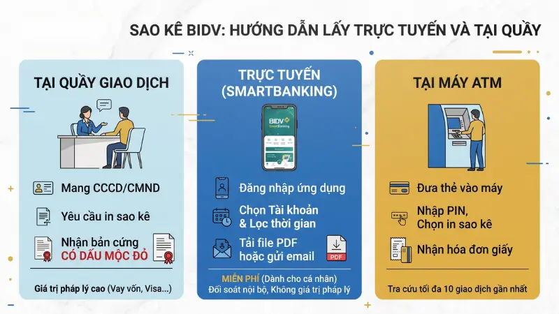 aption: Khách hàng có thể lựa chọn in lịch sử giao dịch trực tiếp tại quầy hoặc truy xuất file PDF trực tuyến qua BIDV SmartBanking.