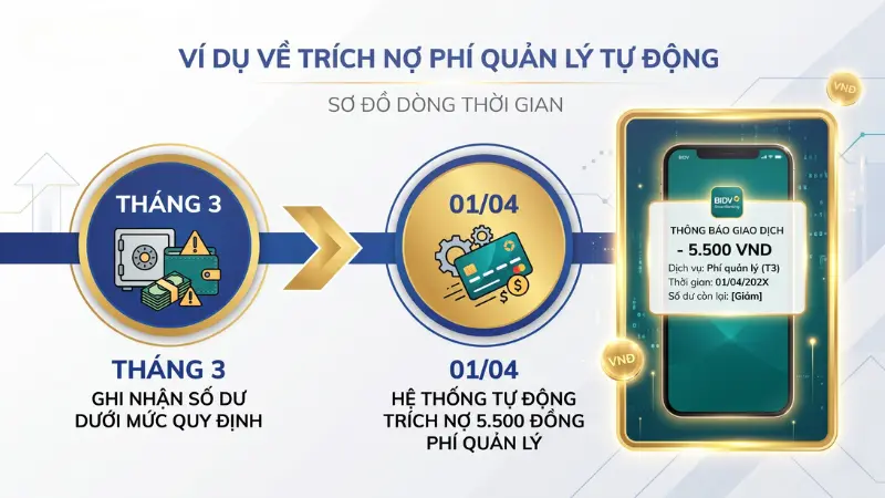 Nếu không đủ điều kiện miễn trừ, hệ thống sẽ tự động trích nợ khoản phí quản lý vào ngày đầu tiên của tháng liền kề.
