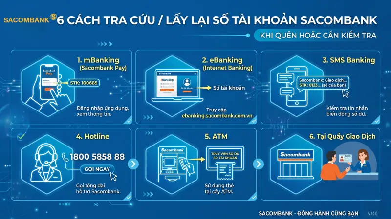 Chủ thẻ có thể linh hoạt tra cứu và lấy lại số tài khoản Sacombank thông qua 6 kênh dịch vụ tiện lợi.