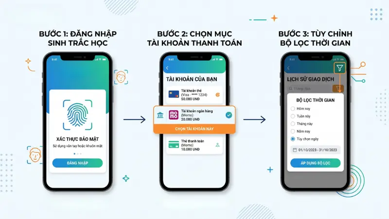 Chủ tài khoản có thể dễ dàng kiểm tra lịch sử giao dịch trực tuyến và lọc theo thời gian trên ứng dụng ngân hàng số.