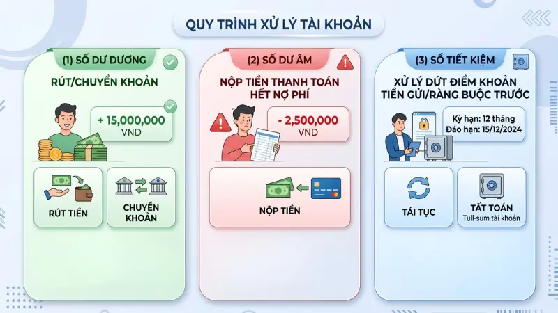 Việc giải quyết dứt điểm số dư là điều kiện tiên quyết và bắt buộc trước khi ngân hàng đồng ý phê duyệt yêu cầu đóng tài khoản.