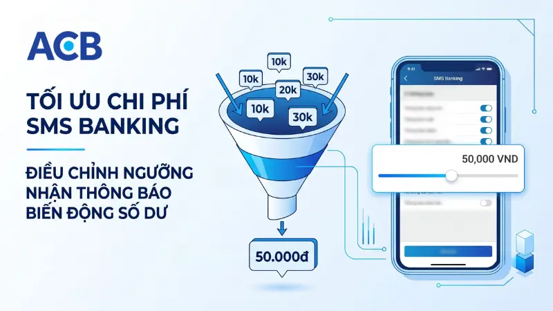 Thiết lập ngưỡng giao dịch nhận tin nhắn SMS ACB từ 50.000đ.