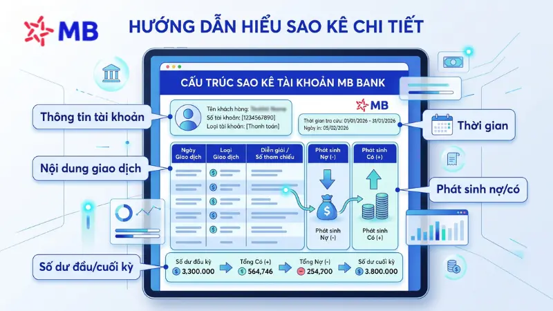 Chi tiết các thông tin trên mẫu sao kê MB Bank tiêu chuẩn.