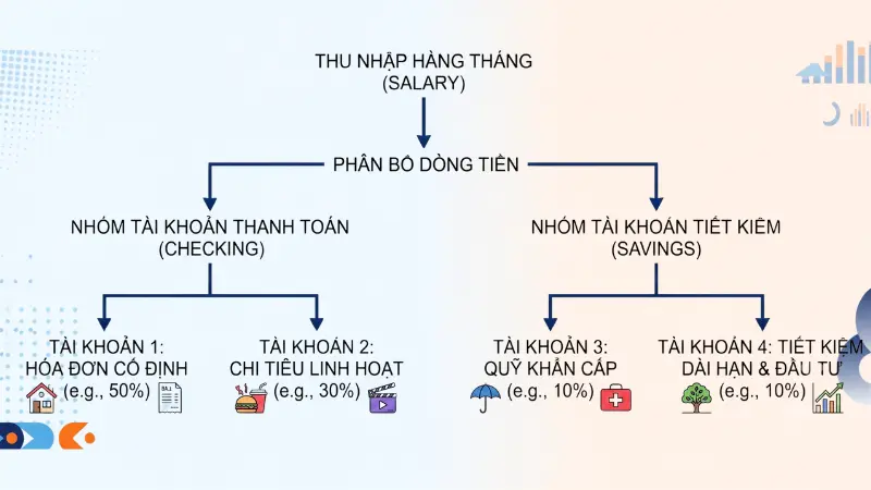 Thiết lập 4 tài khoản ngân hàng riêng biệt giúp bạn tách bạch quỹ chi tiêu sinh hoạt với quỹ dự phòng tương lai hiệu quả.