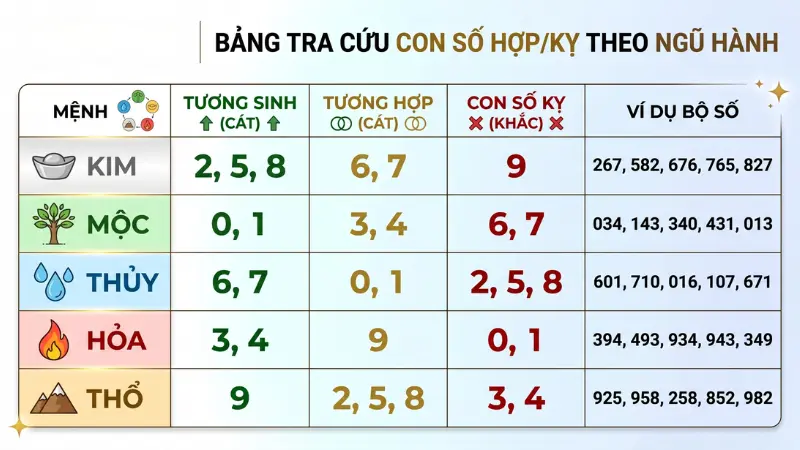 Bảng tra cứu dải số vượng khí và tương khắc dựa trên ngũ hành bản mệnh của chủ tài khoản.